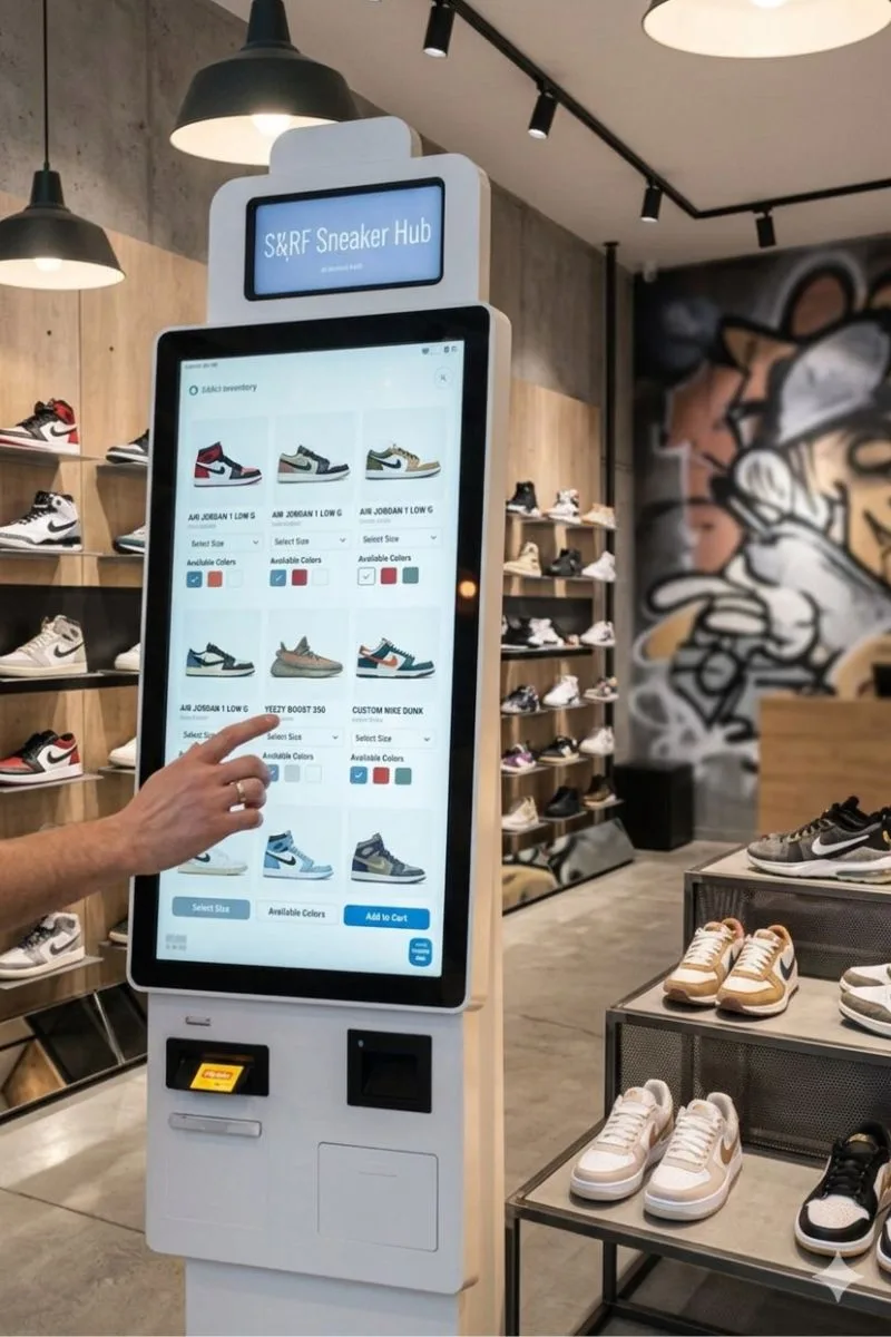 Pantalla publicitaria en tienda de zapatillas mostrando información del producto al cliente